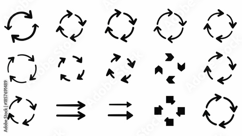 Set of Black Circular Arrows in Various Configurations.