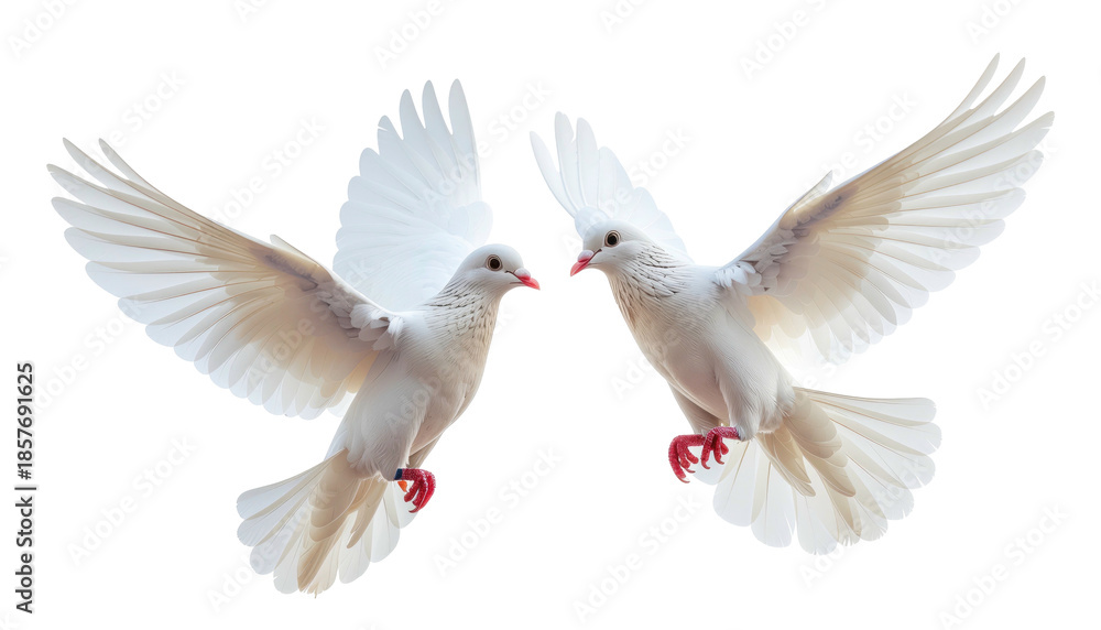 Obraz premium Two white doves flying with wings spread