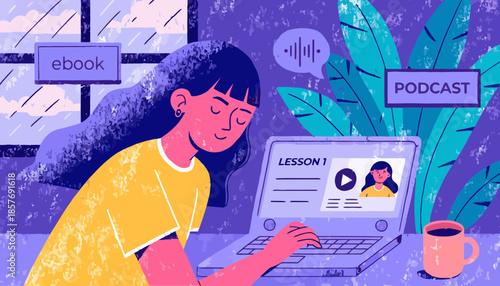 Online education and e-learning icon set featuring video lessons, courses, ebooks, and podcasts for digital classroom and remote study concepts.