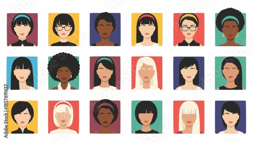 Diverse Collection of Womens Portraits in Square Frames.