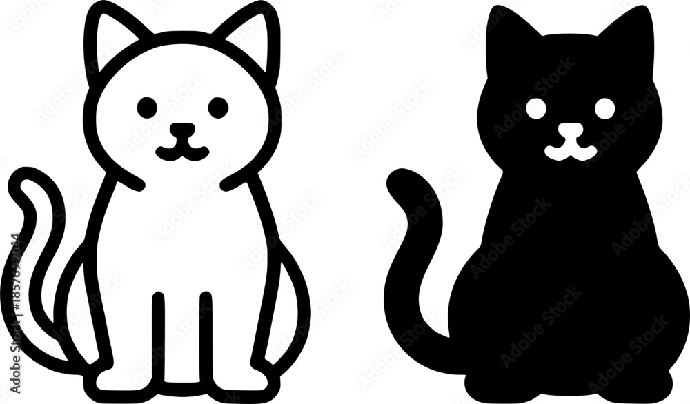 Fototapeta premium Icon, cat illustration, black and white, outline and silhouette versions