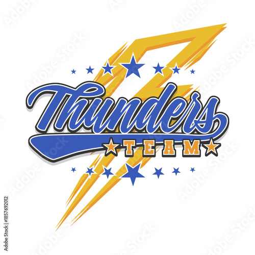 Varsity logo of Thunders with american vector design. Vintage style team sport emblem.