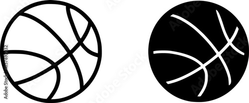 Icon, basketball illustration, black and white, outline and silhouette versions