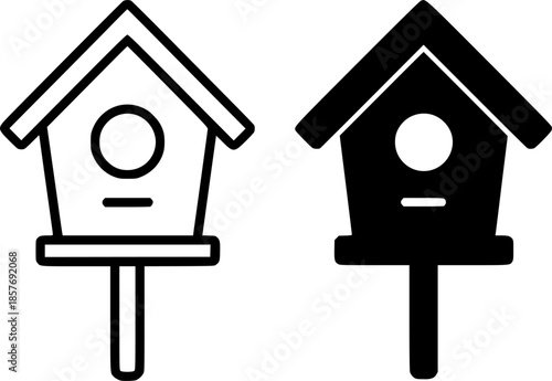 Icon, birdhouse illustration, black and white, outline and silhouette versions