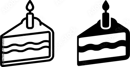 Icon, birthday cake illustration, black and white, outline and silhouette versions