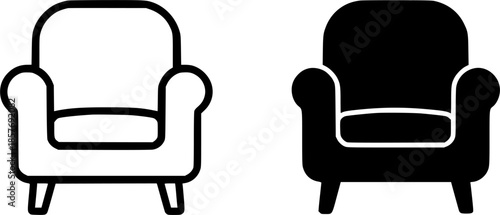 Icon, armchair illustration, black and white, outline and silhouette versions