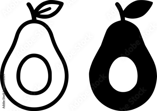 Icon, avocado illustration, black and white, outline and silhouette versions