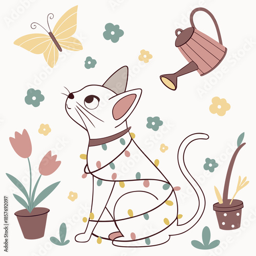 Cute Curious Sphynx cat, accessorized with wrapped in fairy lights, in a Spring garden world – Spring Garden palette vector