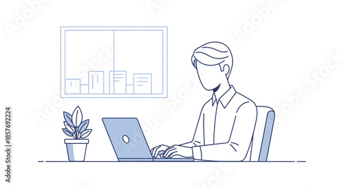 Man Working on Laptop Computer at Desk with Potted Plant and Bookshelf