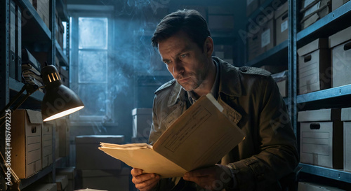 A detective reviews documents in a dimly lit archive room.