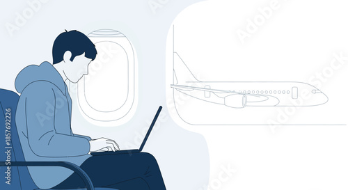 Man working on laptop inside airplane, dreaming of flight