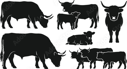 Silhouette Collection Of Farm Cattle Including Bulls Cows And Calves calf livestock