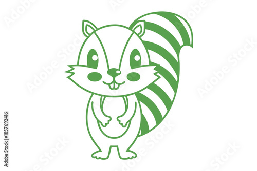 Green outlined cartoon squirrel stands cheerfully with striped tail and delightful demeanor