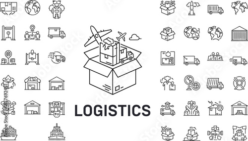 Logistics and global supply chain line icon set, shipping and delivery service symbols, cargo airplane, truck, warehouse storage and distribution vector, isolated,