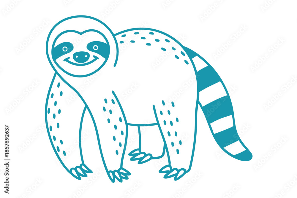 Obraz premium A cheerful turquoise sloth stands with a ringed tail over a white background
