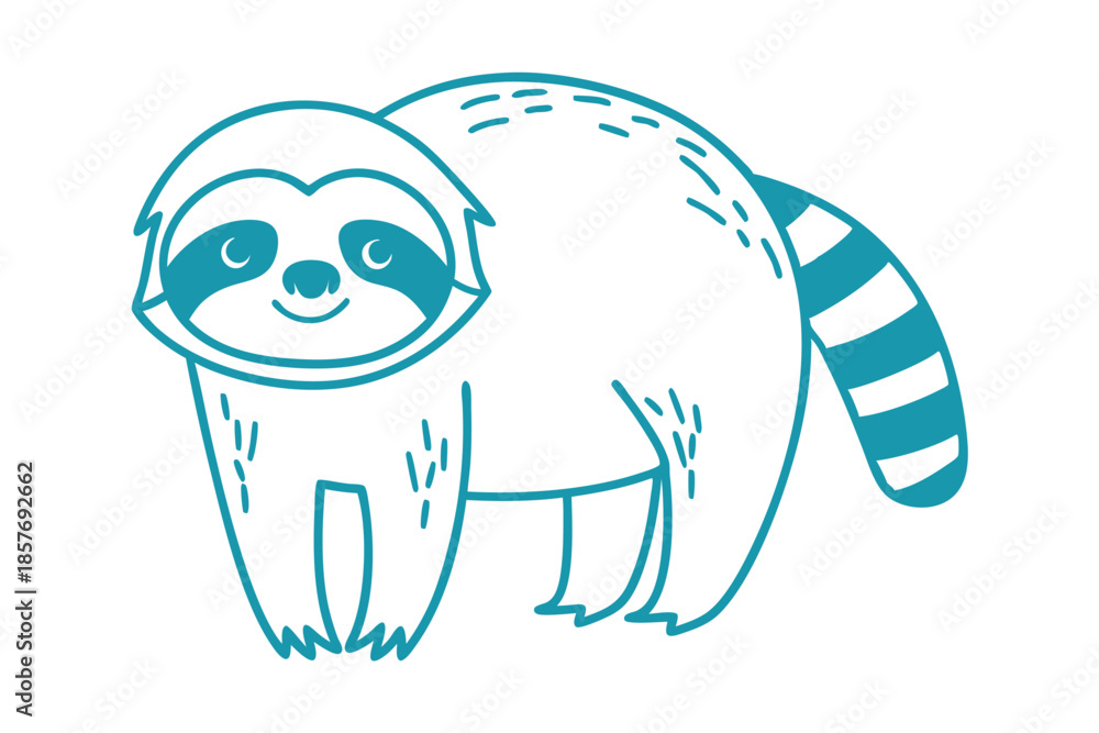 Obraz premium Adorable outline shows a smiling, turquoise sloth with a striped tail standing still