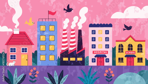 Architecture and urban place icons including house, office building, factory, hospital, and school for real estate and city infrastructure maps.