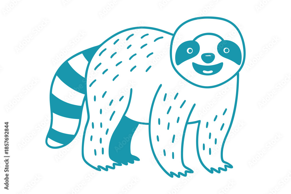 Obraz premium Cute sloth outlined in blue smiles with striped tail displayed prominently