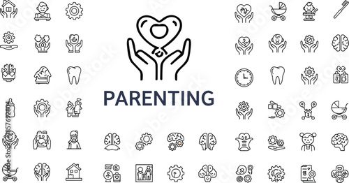 Parenting and childcare line icon set, family care and baby development symbols, heart with child, stroller, dental and brain health vector, isolated,