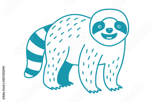 Cute sloth outlined in blue smiles with striped tail displayed prominently