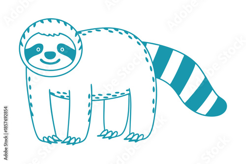 Teal sloth with striped tail smiles charmingly, standing cheerfully on a white backdrop