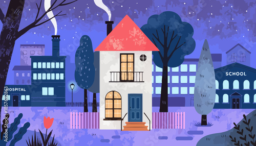 Commercial and public building icons featuring residential homes, industrial plants, clinics, and educational institutions for urban planning.