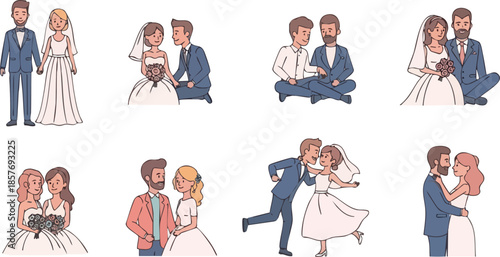 Bride and Groom Wedding Pose Illustration Collection
