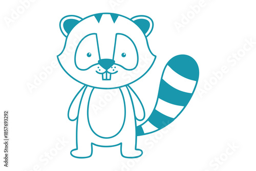 Animated raccoon with striped tail standing on white background in outline style looks adorable