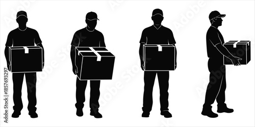 Silhouettes of Delivery Men Holding Cardboard Boxes on White Background Keywords: delivery, man, person, courier, package, box
