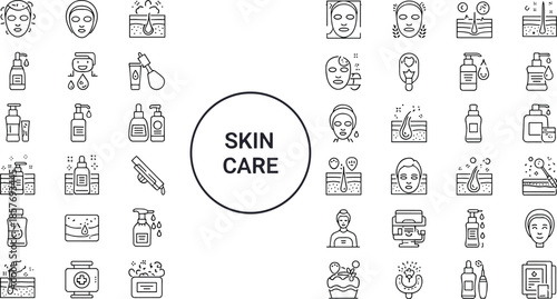 Skin care and dermatology line icon set, beauty routine and facial treatment symbols, lotion bottle, face mask and hair health vector, isolated,
