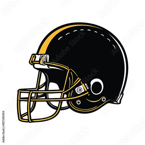 Classic black and yellow american football helmet illustration with protective facemask isolated on white background.