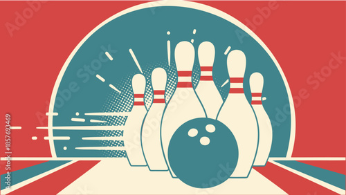 Vintage bowling illustration with pins and ball in retro style