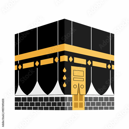 An illustration of the Kaaba, a sacred Islamic site, depicted in a modern vector graphic style, viewed from the front.