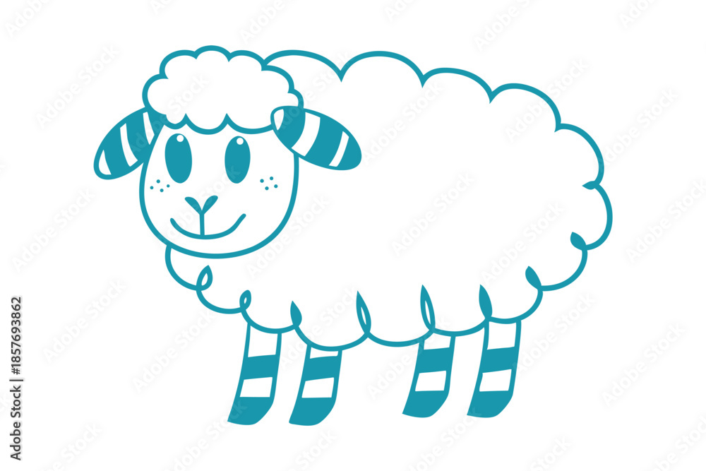 Obraz premium A playful cartoon sheep with striped legs smiles on a white background