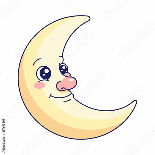 A smiling crescent moon with a face gazes down from the night sky, surrounded by stars and darkness.