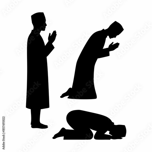 Silhouetted figures praying in various postures against a white background