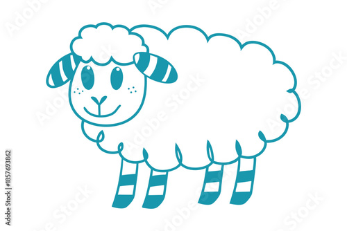 A playful cartoon sheep with striped legs smiles on a white background