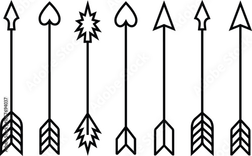 Minimal arrow icon set with heart spade and geometric tips for archery love symbols black outline vector design collection elements