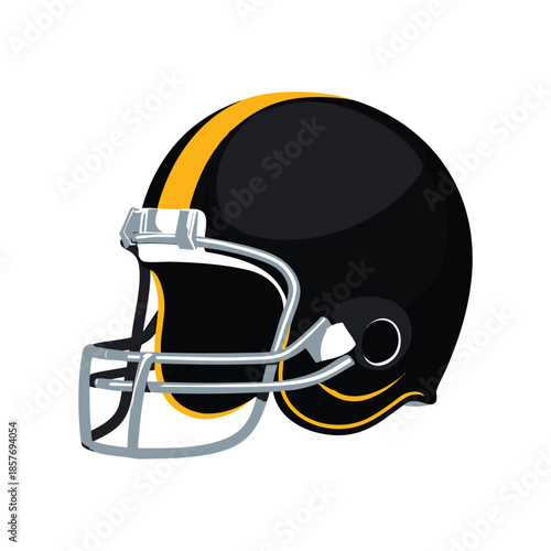 Classic black and yellow american football helmet illustration with protective facemask isolated on white background.