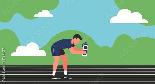 Runner Hydrating with Water Bottle on Track with Green Hills and Sky Background