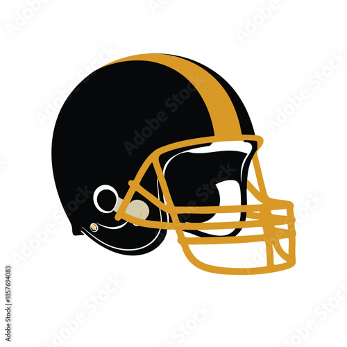 Vibrant gold american football helmet illustration with classic stripes and a sturdy faceguard isolated on white background