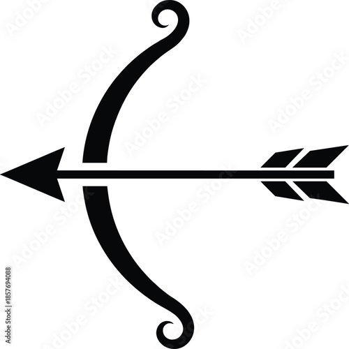 Minimal black bow and arrow icon symbol representing archery sport, Cupid love concept, Sagittarius zodiac sign, hunting emblem, vector illustration