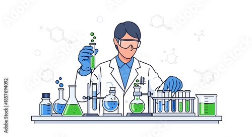 Scientist in Lab Coat Conducting Chemical Experiment with Beakers and Test Tubes