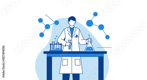 Scientist in Lab Coat Conducting Chemical Experiment with Beakers and Molecules