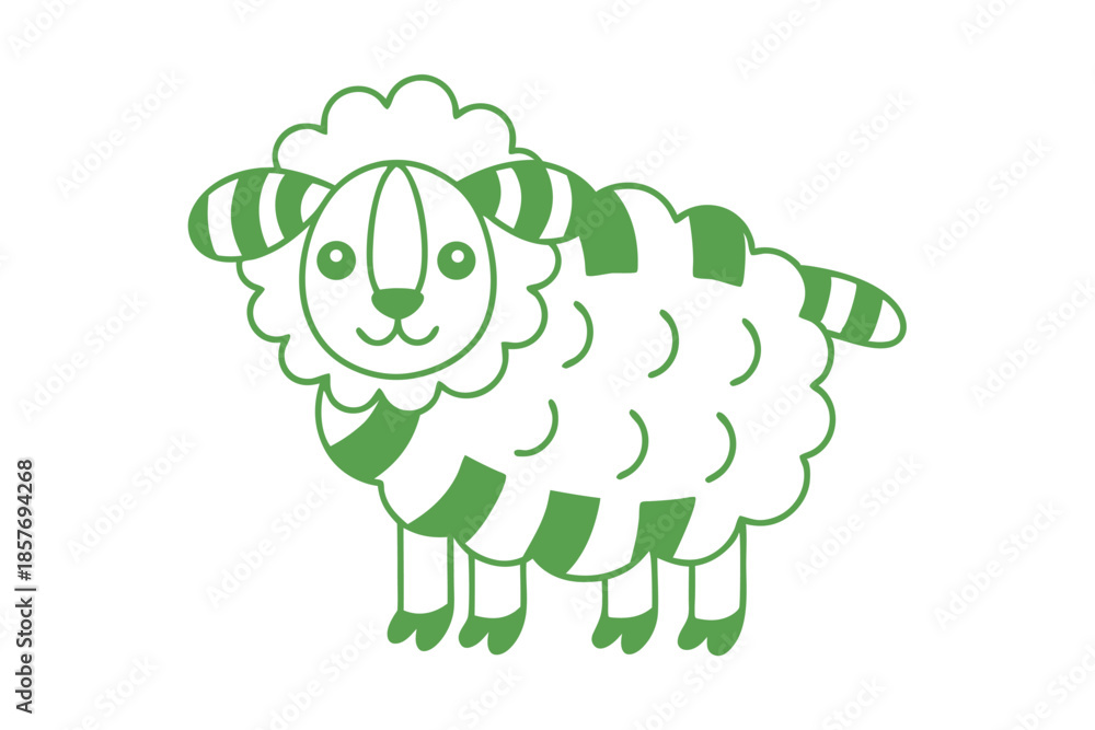 Obraz premium A friendly green sheep stands against a crisp white background with simple line details