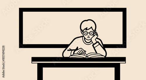 Student studying at desk with book and glasses, classroom blackboard background
