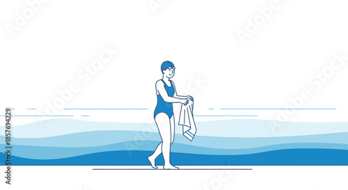Swimmer with Towel Walking by Poolside - Simple Line Art Illustration