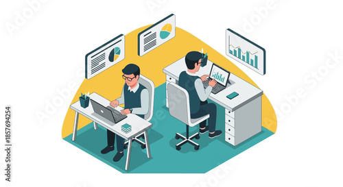 Two men working at desks with laptops, charts and graphs displayed