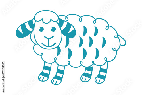 Cute outline style blue sheep with curly wool is standing and looking forward