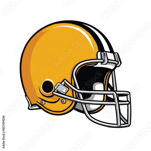 Vibrant gold american football helmet illustration with classic stripes and a sturdy faceguard isolated on white background